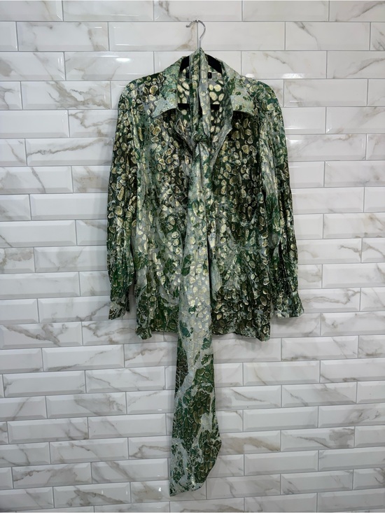 Marina Rinaldi Tops - Marina Rinaldi Green Patterned Long-Sleeve Blouse with Removable Scarf